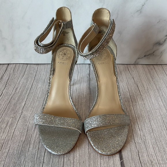 Guess Silver Jewel Ankle Straps Open Toe Heels (8) - Picture 2 of 9